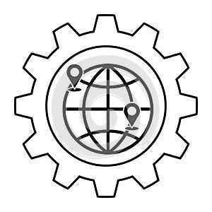 Global settings icon. Earth gear symbol. Location technology Vector. Service network graphic.