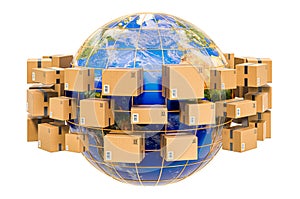 Global shipping and delivery concept, parcels with Earth Globe around. 3D rendering