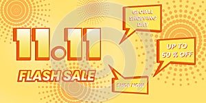 global shopping day 11 11 banner. text effect, bubbles chat, simple and colorful style