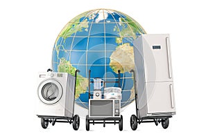 Global shopping and delivery of household kitchen appliances, 3D rendering