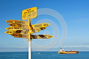 Global signpost world distances measured from the world`s southernmost signpost in Bluff, New Zealand