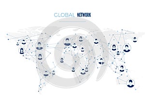 Global social network connection. User avatars connected to the worldwide network. Internet concept on world map background