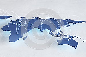 Global social network and internet technology concept with white arrow lines over blue graphic world map on light grey background