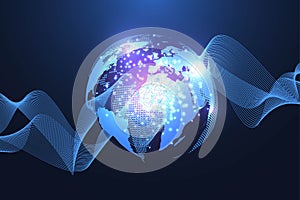 Global social network. Networking and data connection concept. Worldwide internet and technology. Dynamic waves