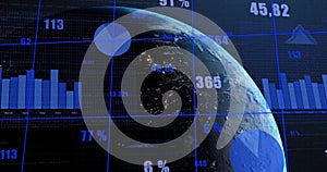 Global statistics and data visualization image over rotating Earth