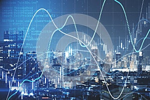 Global stock market concept with digital glowing financial diagram on night megapolis city background