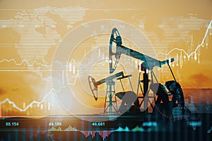 Global stock market and oil industry concept with oil pumps at sunset on abstract field and virtual board world map and growing