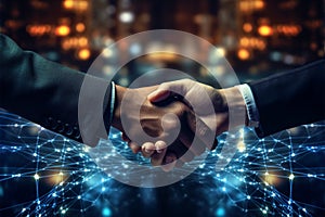 Global tech interface, businessmans handshake signifies digital networking and collaboration