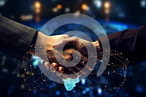 Global tech interface, businessmans handshake signifies digital networking and collaboration