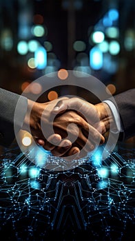 Global tech interface, businessmans handshake signifies digital networking and collaboration