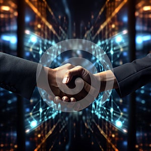 Global tech interface, businessmans handshake signifies digital networking and collaboration