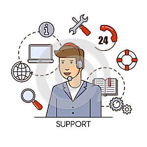 Global technical support vector concept design with man support operator. Outline flat illustration.
