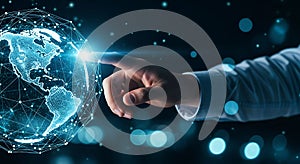 Global Technology Innovation with Man Touching Digital Earth Globe Connection and Data Visualization