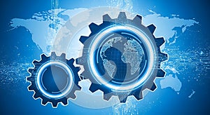 Global technology network with gears and world map