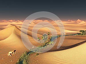 Global temperature change idea. solitary sand ridges under dramatic evening sunset sky at drought desert scenery 3d