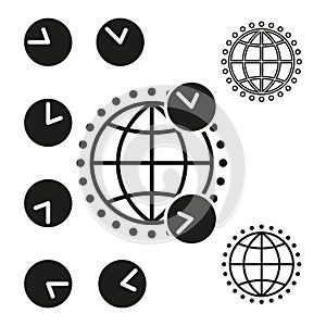 Global time zones concept. World clock synchronization. International timekeeping symbols. Vector illustration. EPS 10.