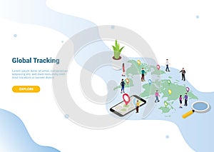 Global tracking concept with team people men and woman with isometric 3d for website template banner or landing homepage - vector