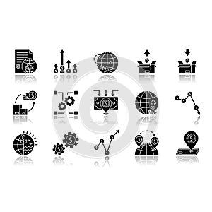 Global trade drop shadow black glyph icons set. World economics, investment and income. Export and import, business