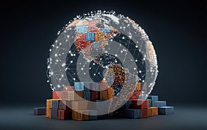 Global trade network represented by interconnected shipping containers and a digital globe showcasing commerce in action