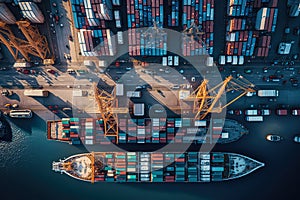 Global Trade Routes aerial view of a busy shipping port with container ships, cranes, and cargo boxes