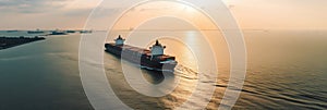 Global Trade Shipping: Aerial View of Cargo Ship Carrying Freight Containers for Import and Export, Panoramic Banner, generative