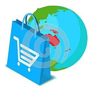 Global trading icon isometric vector. Shopping bag on planet earth background