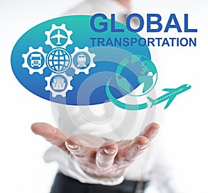 Global transportation concept levitating above a hand