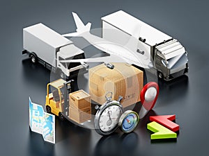 Global transportation concept with vehicles and boxes. 3D illustration