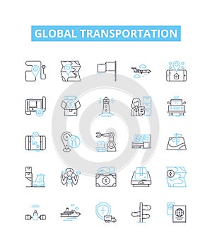 Global transportation vector line icons set. Logistics, Fleet, Shipping, Cargo, Movement, Mobility, Distribution