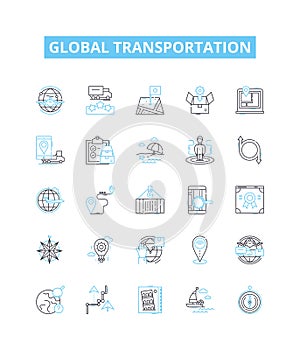 Global transportation vector line icons set. Logistics, Fleet, Shipping, Cargo, Movement, Mobility, Distribution