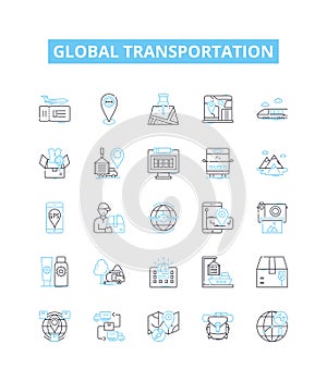 Global transportation vector line icons set. Logistics, Fleet, Shipping, Cargo, Movement, Mobility, Distribution