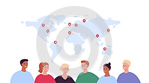 Global travel, business and news concept. Vector flat character illustration. Multiethnic group of people on world map with red