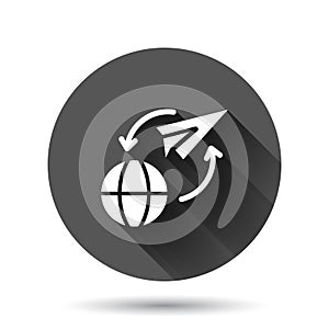 Global travel icon in flat style. Paper plane vector illustration on black round background with long shadow effect. International