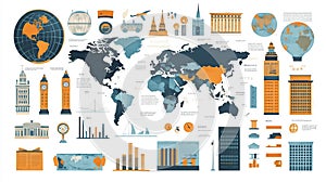 Global travel infographic map, landmarks, charts
