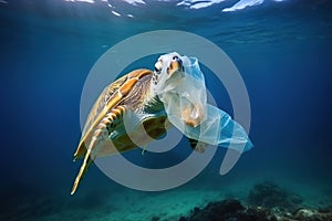 Global underwater problem with plastic waste, a turtle underwater with a plastic bag on its body.