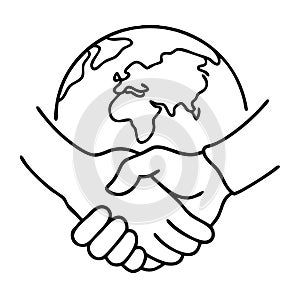 Global Unity Handshake Earth Line Art Vector for Collaboration Concepts