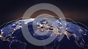 A global view of interconnected networks highlighting Europe and Asia at night.