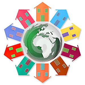 Global village concept - Ten small houses around the Earth