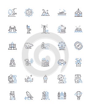 Global voyage line icons collection. Adventure, Exploration, Expedition, Wanderlust, Journey, Diversity, Culture vector