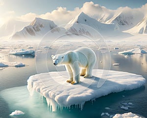 Global Warming Adult Polar Bear North Pole Stranded Floating Ice island Melting Climate Change AI Generated photo