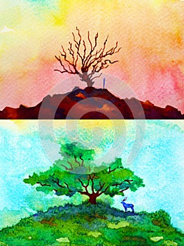 Global warming climate change abstract art spiritual mind human animal watercolor painting illustration design hand drawing