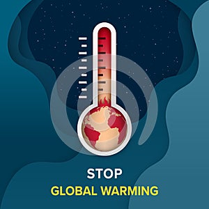 Global warming and climate change concept. Burning Earth planet inside a thermometer on a space background with waves effect