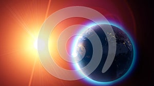 Global warming and climate change, satellite view of the earth and the sun. Space and stars atmosphere, ozone hole