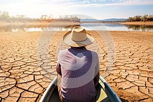 global warming climate change and water scarcity concept. man sitting in the boat on dry cracked earth