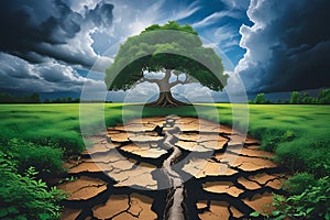 Global warming concept and climate change. Half bare tree on barren ground of a desert,
