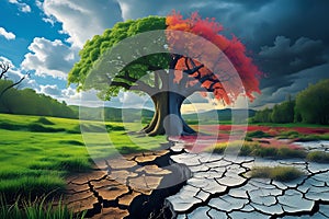 Global warming concept and climate change. Half bare tree on barren ground of a desert,