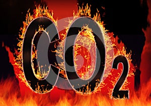 Global warming concept CO2 carbon dioxide letters on fire