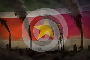 Global warming concept - dense smoke from factory chimneys on Suriname flag background with space for your text - industrial 3D