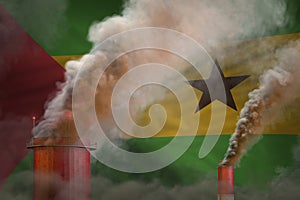 Global warming concept - dense smoke from factory pipes on Sao Tome and Principe flag background with place for your logo -