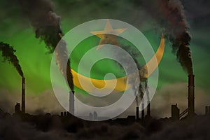 Global warming concept - dense smoke from plant pipes on Mauritania flag background with place for your logo - industrial 3D